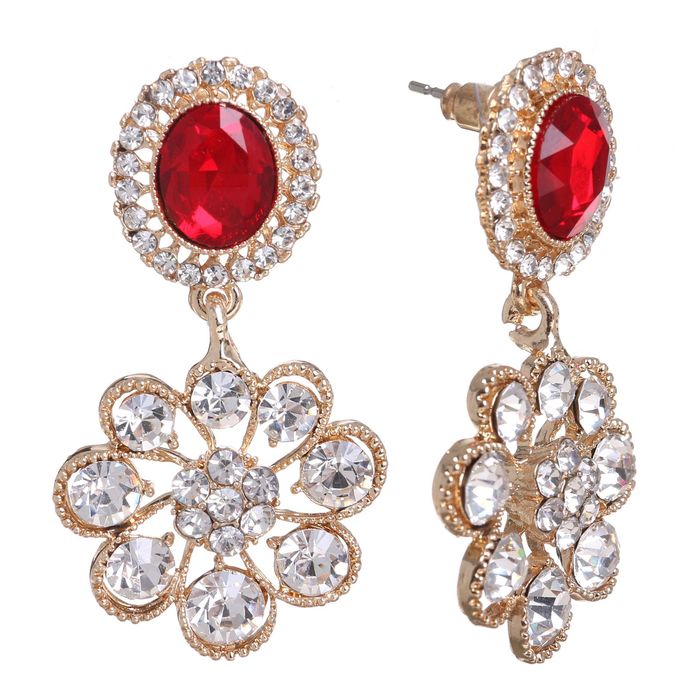 Серьги со стразами "Цветок" с овалом, цвет бело-красный в золоте