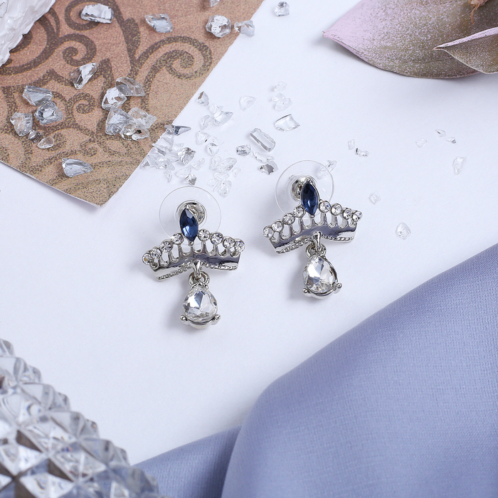 Серьги со стразами "Корона" с каплей, цвет сине-белый в серебре