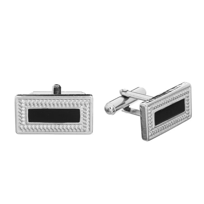 Запонки "Классика" прямоугольник с эмалью, окантовка с резьбой, цвет черный серебре