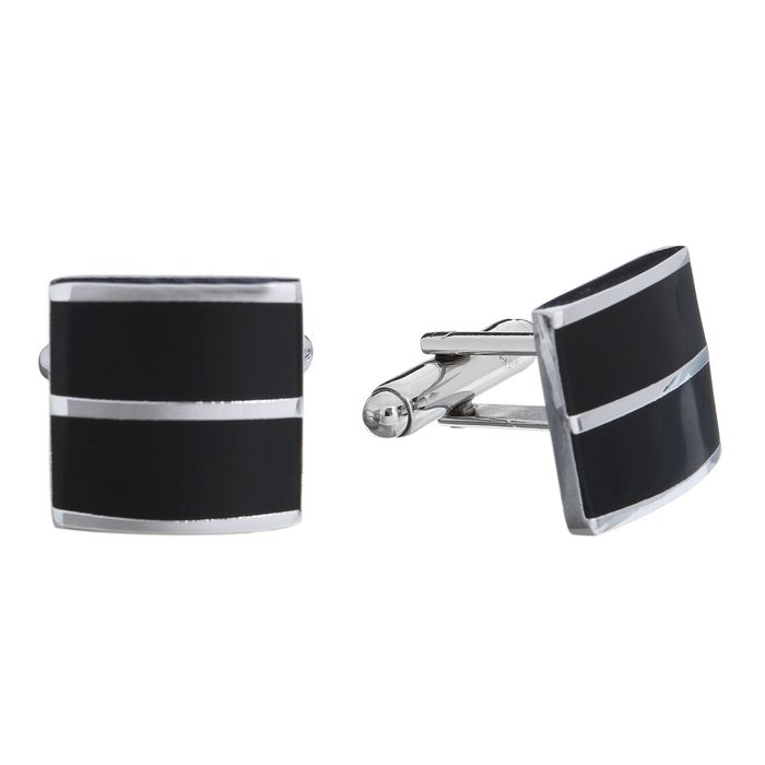 Запонки стальные "Классика", квадрат, две полосы, цвет черный в серебре