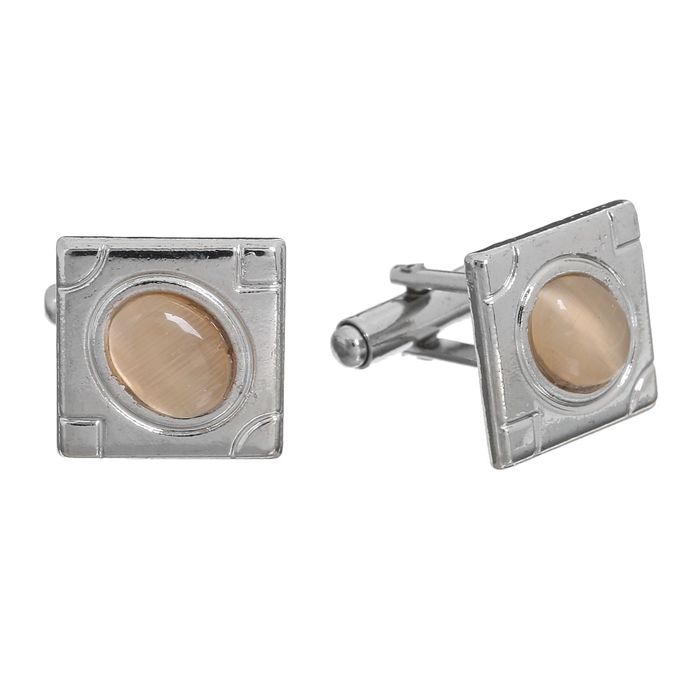 Запонки "Кошачий глаз" квадрат с овалом, цвет коричневый в серебре