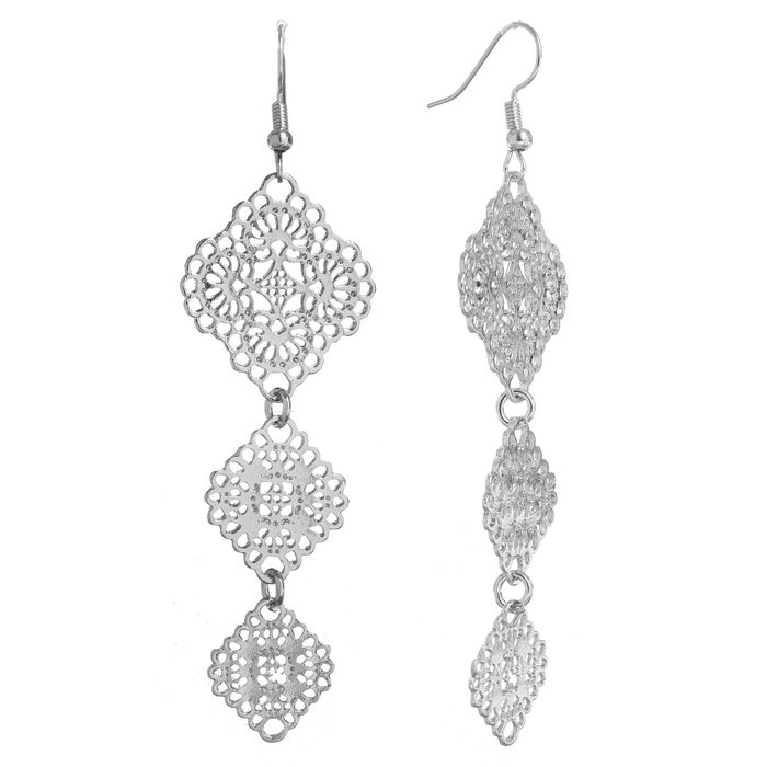 Серьги висячие "Ажур" трио, цвет серебро