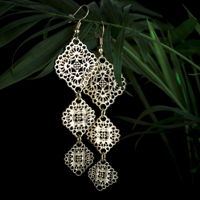 Серьги висячие "Ажур" трио, цвет золото