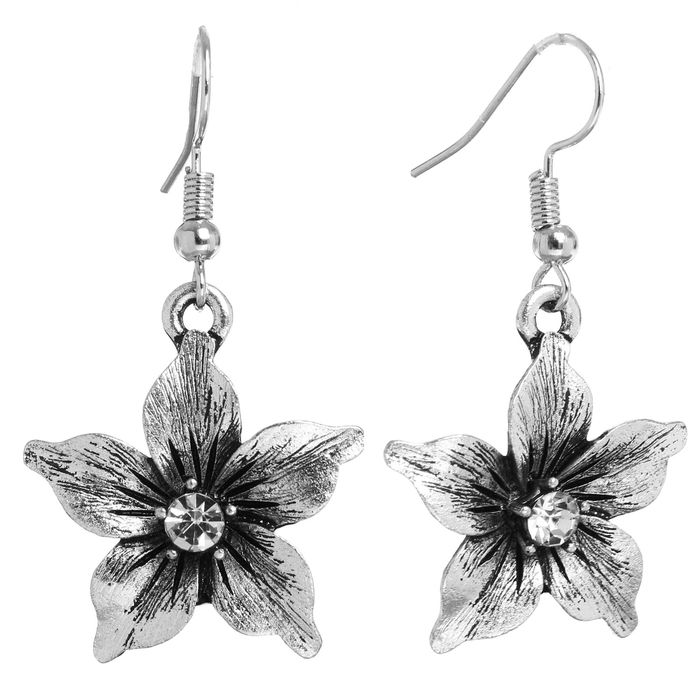 Серьги со стразами "Цветок" лилия, цвет белый в чернёном серебре