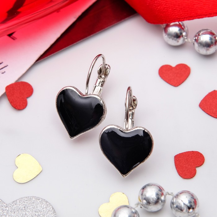 Серьги эмаль "Сердечко", цвет чёрный в серебре