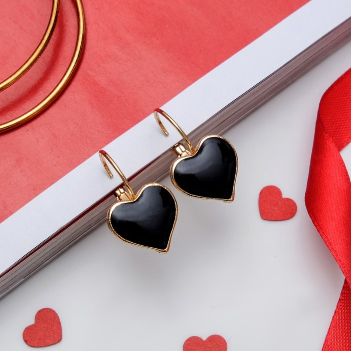 Серьги эмаль "Сердечко", цвет чёрный в золоте