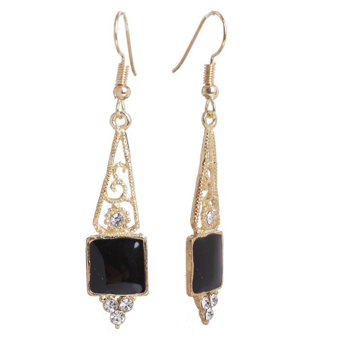 Серьги эмаль "Капля" с квадратом, цвет чёрный в золоте