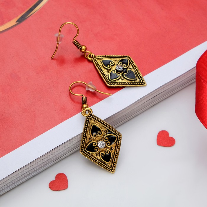 Серьги эмаль "Сердце" узор в ромбе, цвет чёрный в чернёном золоте