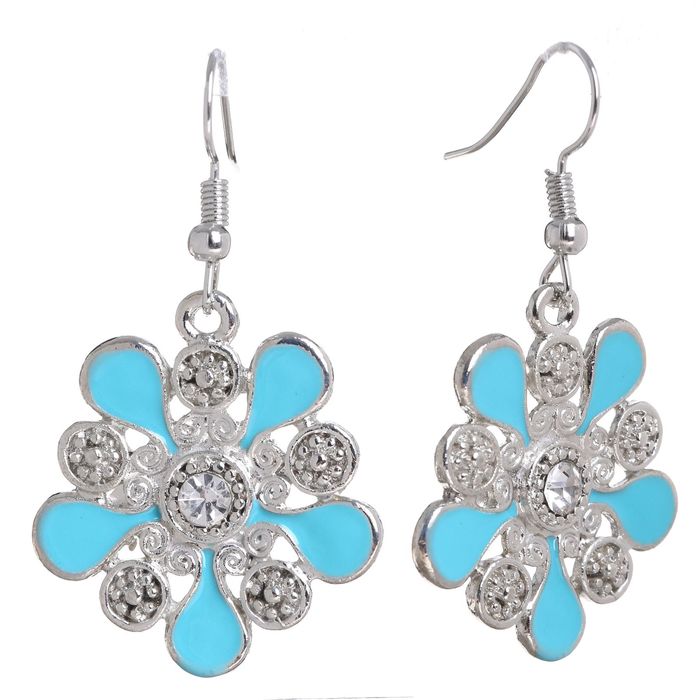 Серьги эмаль "Цветок" узор, цвет голубой в серебре