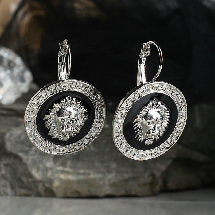 Серьги эмаль "Круг" лев, цвет чёрный в серебре