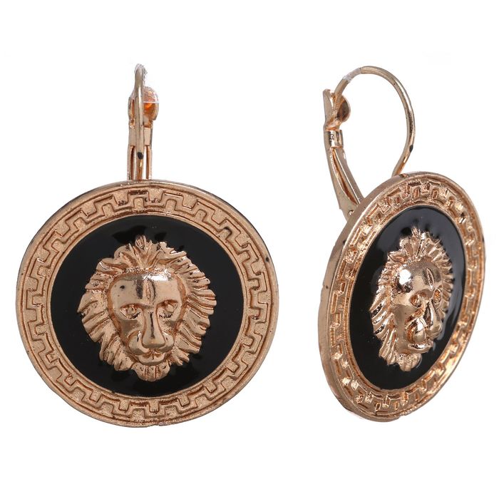 Серьги эмаль "Круг" лев, цвет чёрный в золоте