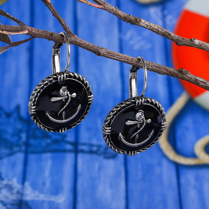 Серьги эмаль "Якорь" в круге, цвет чёрный в чернёном серебре