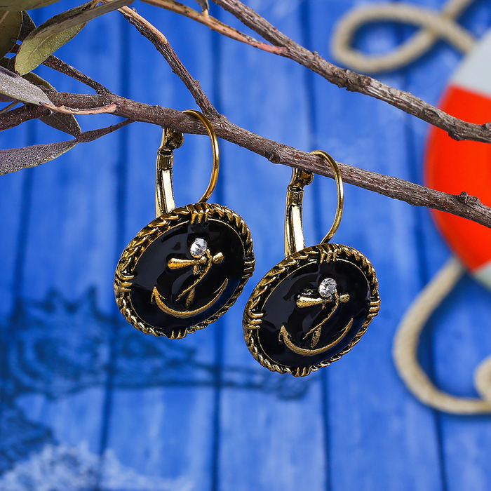 Серьги эмаль "Якорь" в круге, цвет чёрный в чернёном золоте