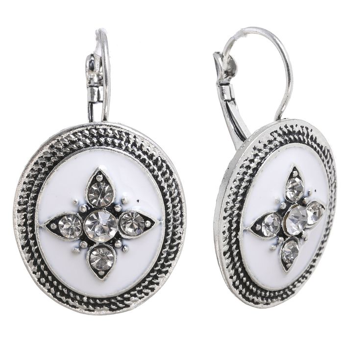 Серьги эмаль "Цветок" в овале, цвет белый в чернёном серебре