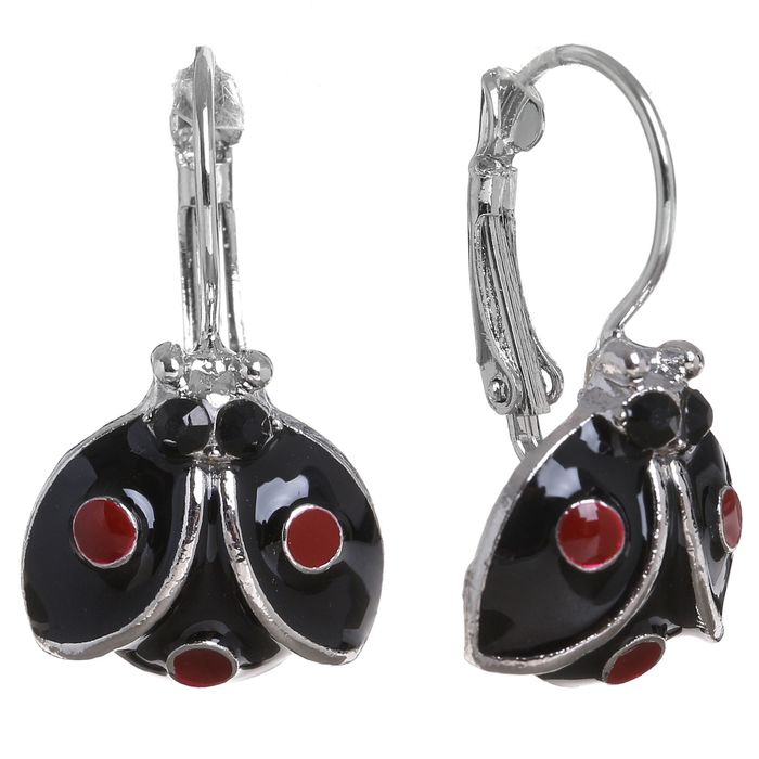 Серьги эмаль "Божья коровка", цвет чёрно-красный в серебре