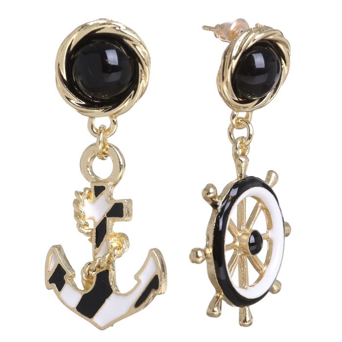 Серьги эмаль "Якорь и штурвал", цвет чёрно-белый в золоте