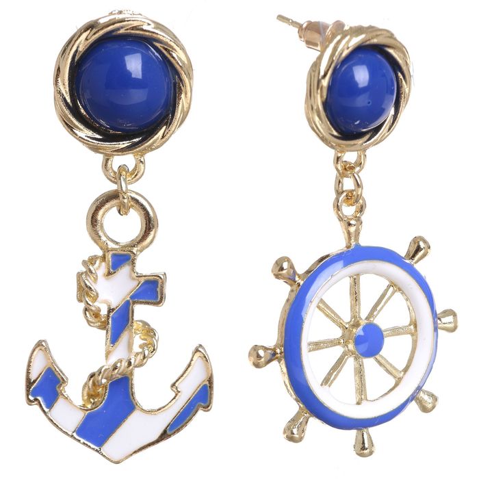 Серьги эмаль "Якорь и штурвал", цвет сине-белый в золоте