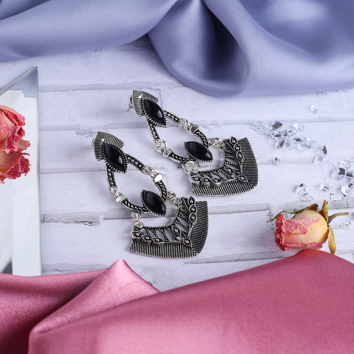 Серьги металл "Абстракция" резная, цвет чёрный в чернёном серебре