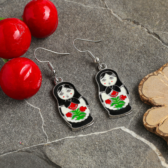 Серьги эмаль "Матрёшка", цветные в серебре