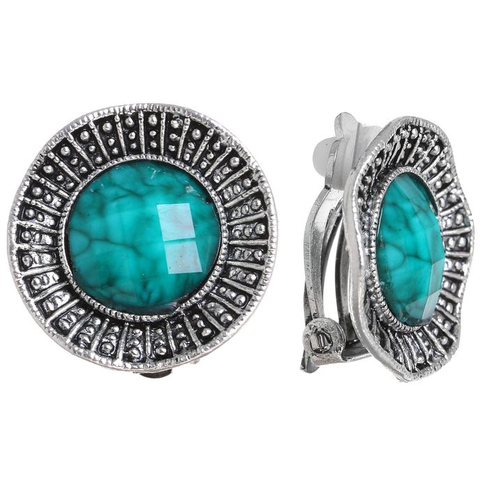 Клипсы "Круг" с узором малый, цвет морской в чернёном серебре