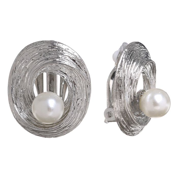 Клипсы "Круг" раковина с жемчужиной, цвет белый в серебре