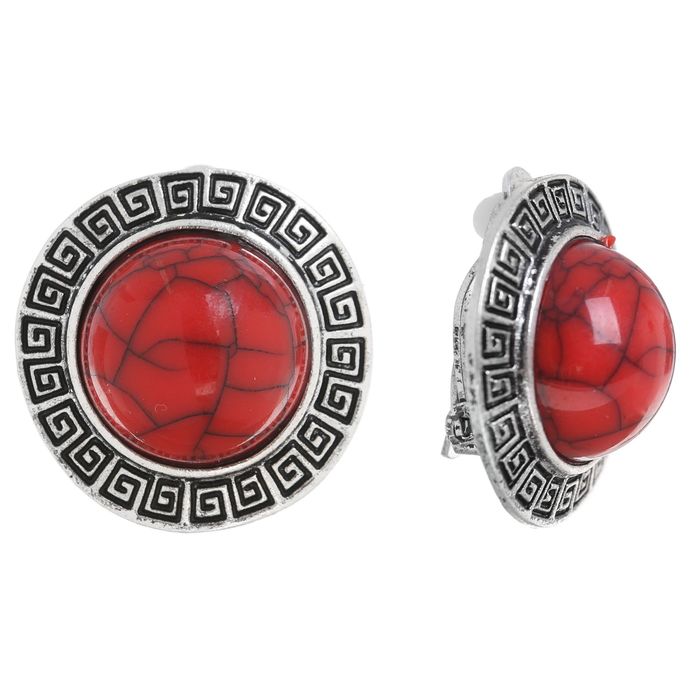 Клипсы "Круг" с узором, цвет красный в чернёном серебре