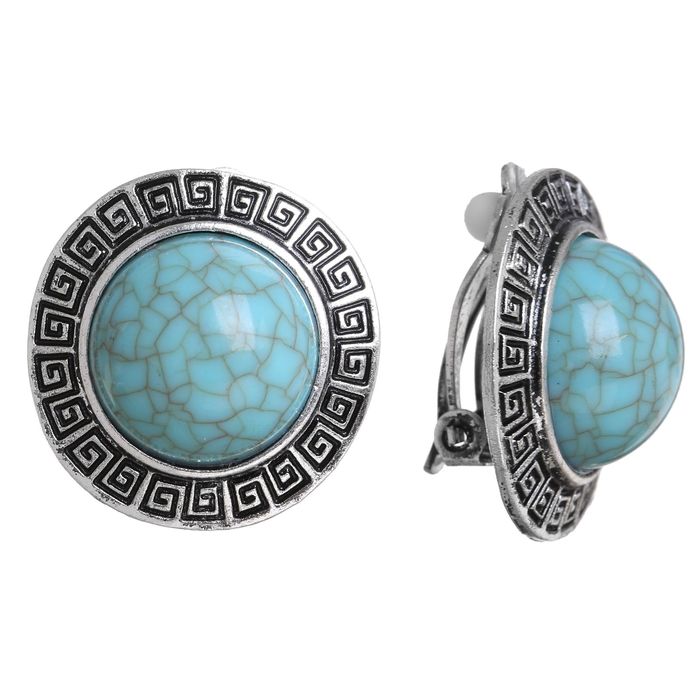 Клипсы "Круг" с узором, цвет голубой в чернёном серебре