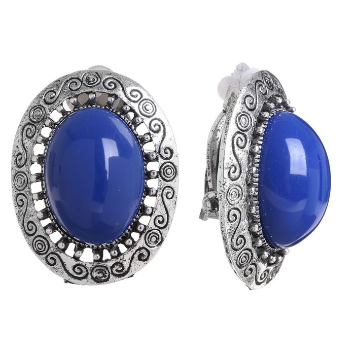 Клипсы "Овал" с узором, цвет синий в чернёном серебре