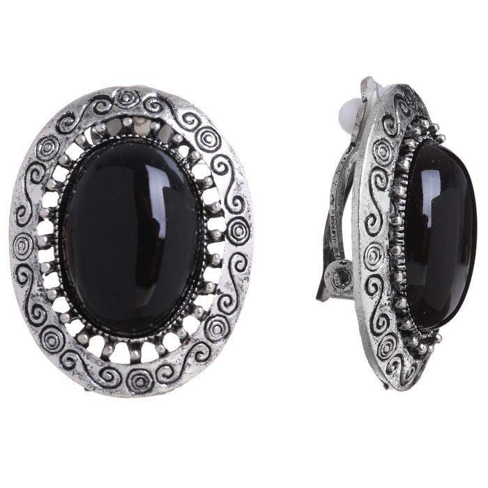 Клипсы "Овал" с узором, цвет чёрный в чернёном серебре