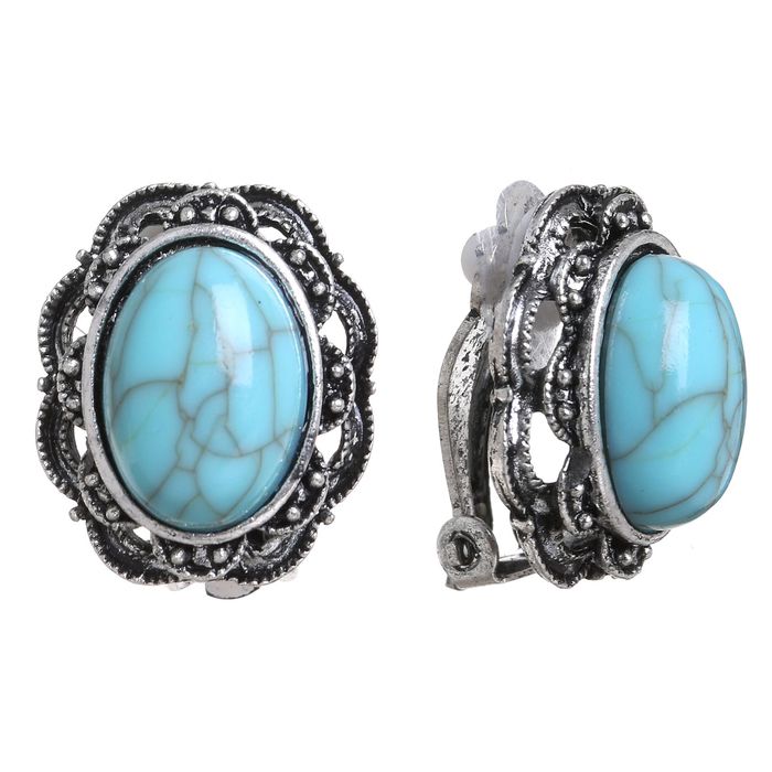 Клипсы "Цветок" овал, цвет голубой в чернёном серебре