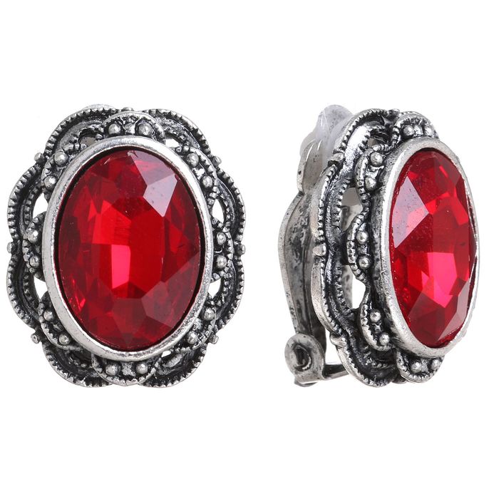 Клипсы "Цветок" овал, цвет красный в чернёном серебре