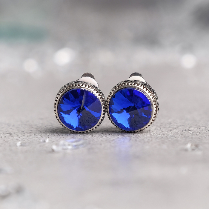 Клипсы "Круг", цвет синий в чернёном серебре