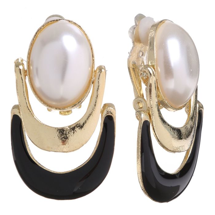 Клипсы "Грация" овал, цвет бело-черный в золоте