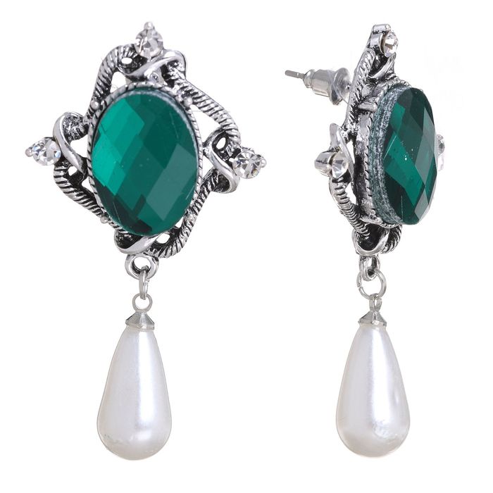 Серьги с жемчугом "Антураж" капля, цвет зелёно-белый в чернёном серебре