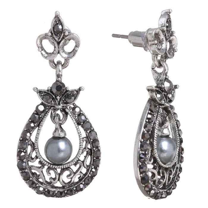 Серьги с жемчугом "Графская лилия" капля с бусиной, цвет серый в чернёном серебре