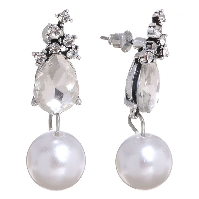 Серьги с жемчугом "Бусина" с каплей, цвет белый в чернёном серебре