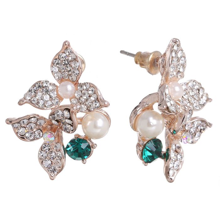 Серьги с жемчугом "Цветочки" дуэт, цвет бело-зелёный в золоте