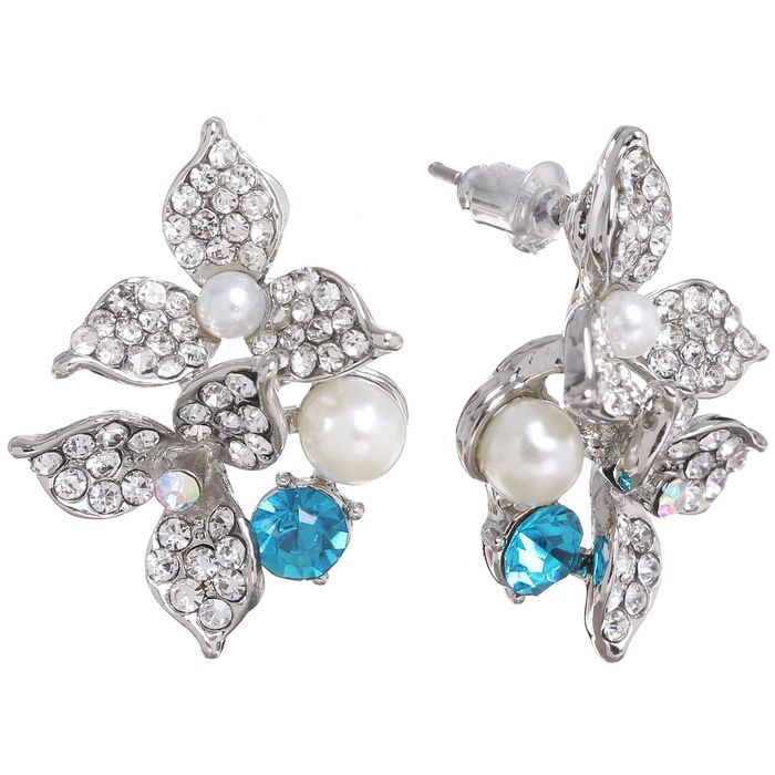 Серьги с жемчугом "Цветочки" дуэт, цвет бело-голубой в серебре