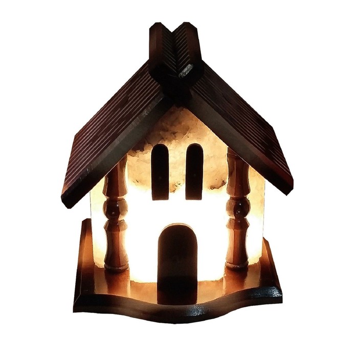 Соляной светильник "Домик", цельный кристалл, 5-6 кг, деревянный декор