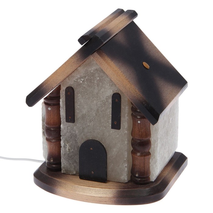 Соляной светильник "Домик", цельный кристалл, цветной, 5-6 кг, деревянный декор микс