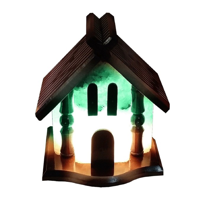 Соляной светильник "Домик", цельный кристалл, цветной, 5-6 кг, деревянный декор микс