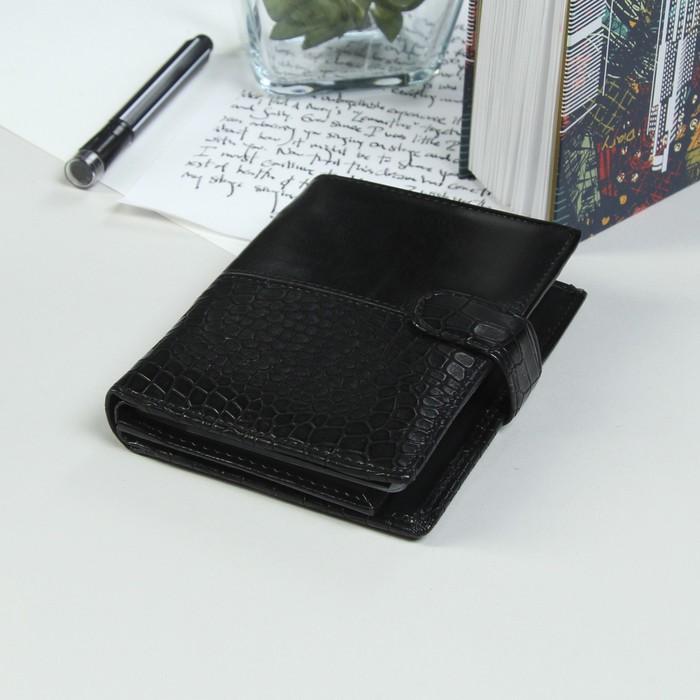 Портмоне мужское 3 в 1, для паспорта, для автодокументов, 3 отдела, для карт, для монет, цвет чёрный