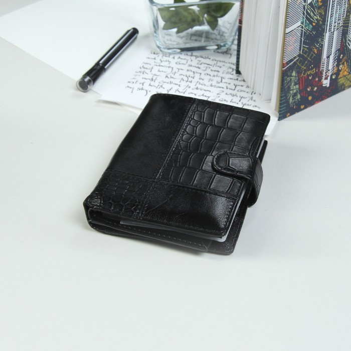 Портмоне мужское 3 в 1, для паспорта, для автодокументов, 3 отдела, для карт, для монет, цвет чёрный