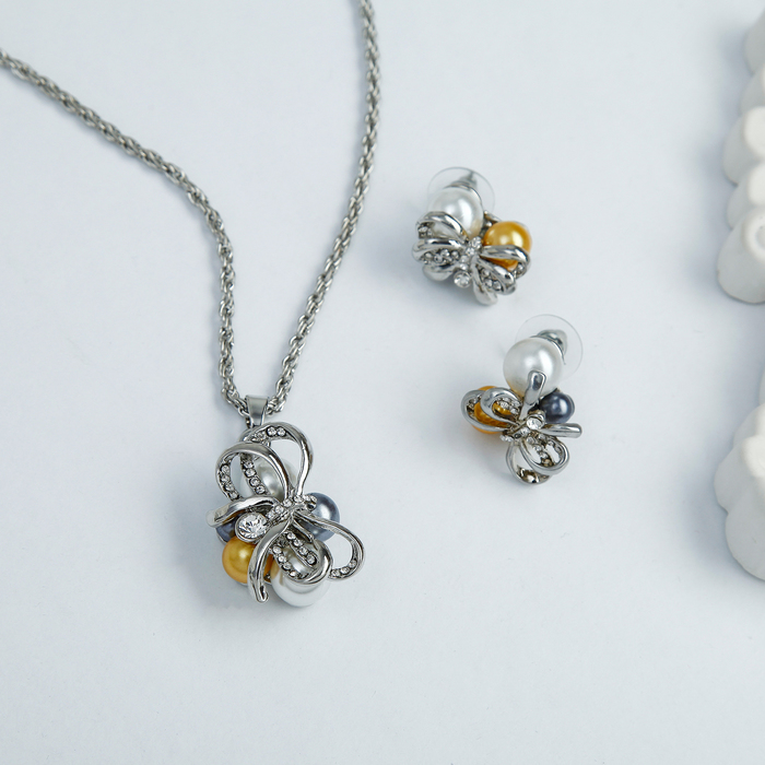 Гарнитур 2 предмета: серьги, кулон "Бант", цветной в серебре, 45см