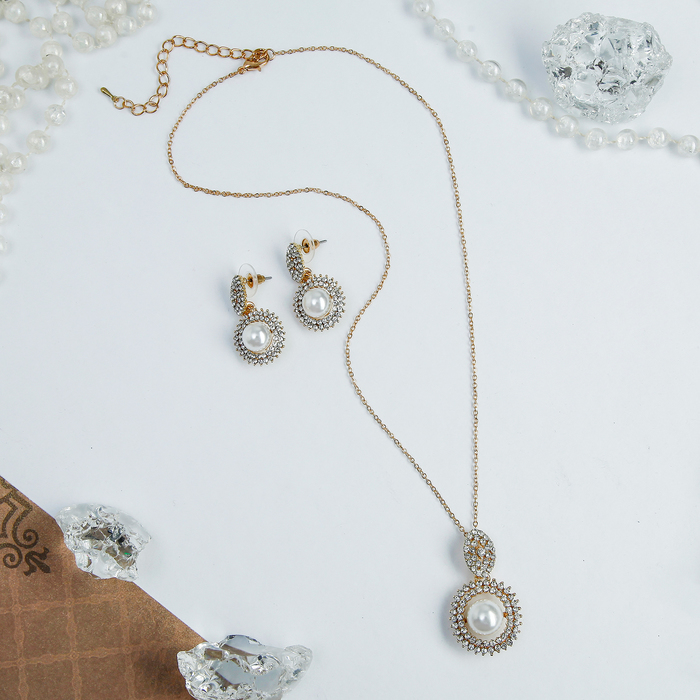 Гарнитур 2 предмета: серьги, кулон "Круг" сияние жемчуга, цвет белый в золоте, 45см