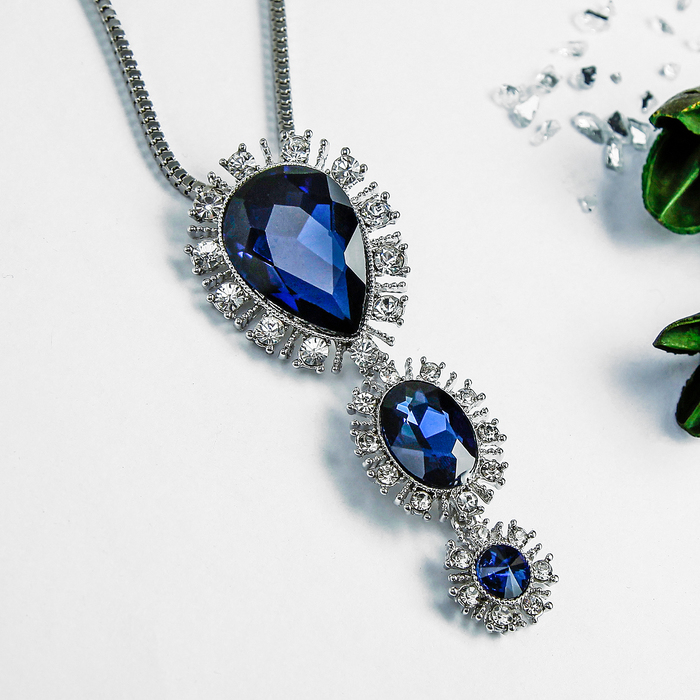 Кулон "Капля" трио, цвет сине-белый в серебре