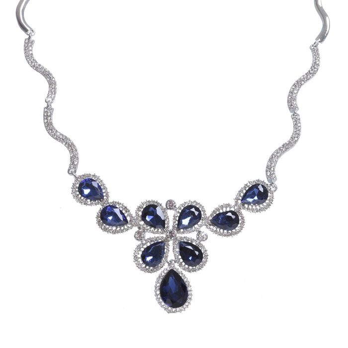 Колье "Цветок" капля, цвет бело-синий в серебре