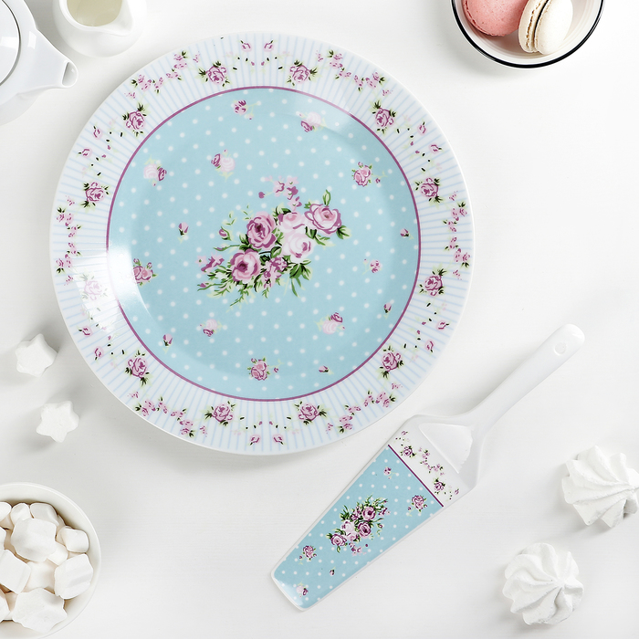 Подставка для торта 30 см "Рондо", с лопаткой, цвет голубой