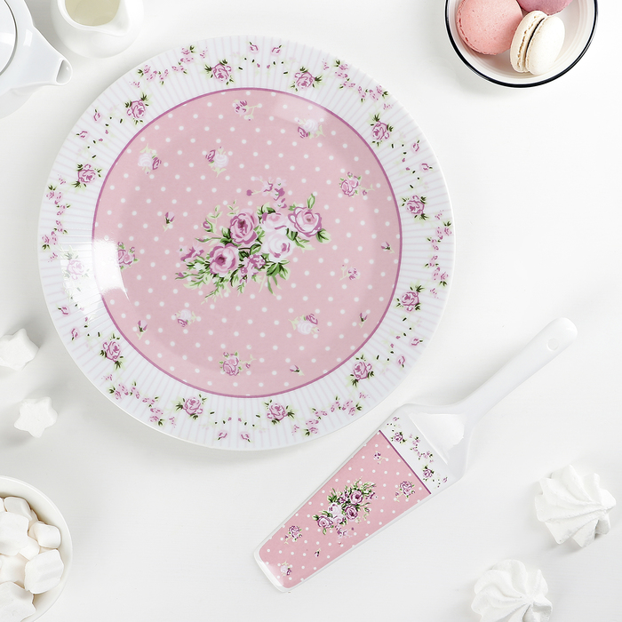 Подставка для торта 30 см "Рондо", с лопаткой, цвет розовый