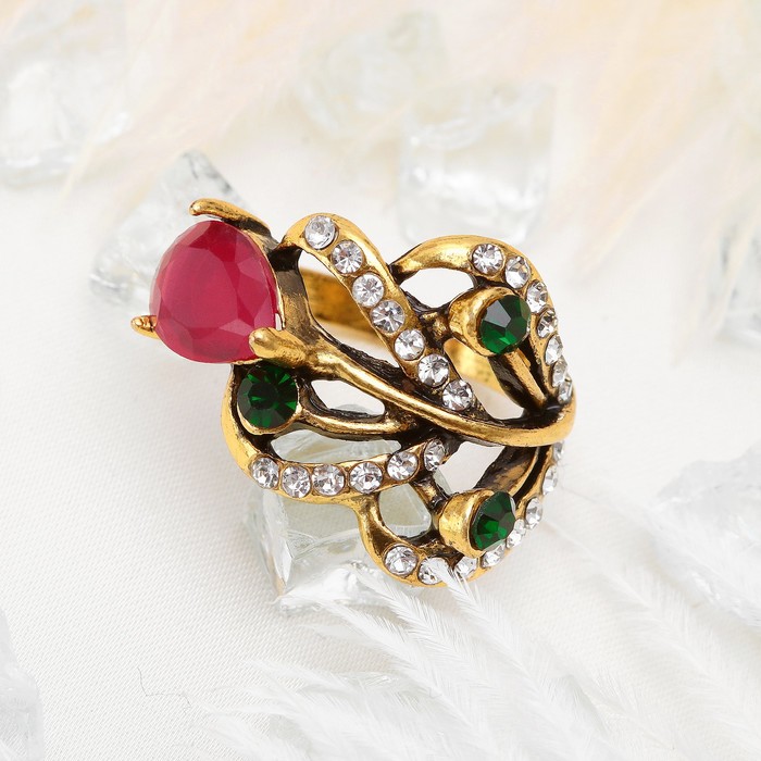 Кольцо "Листок", размер 18, цветное в чернёном золоте